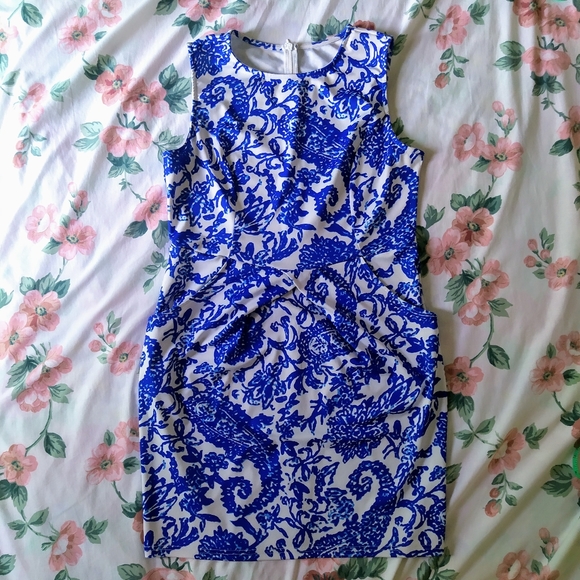 Blue White Tribal Porcelain Print Dress Pockets - Picture 1 of 9